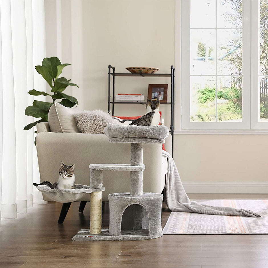 Cat Condo – Wood – Light Grey – Multi-Level with Scratching Post