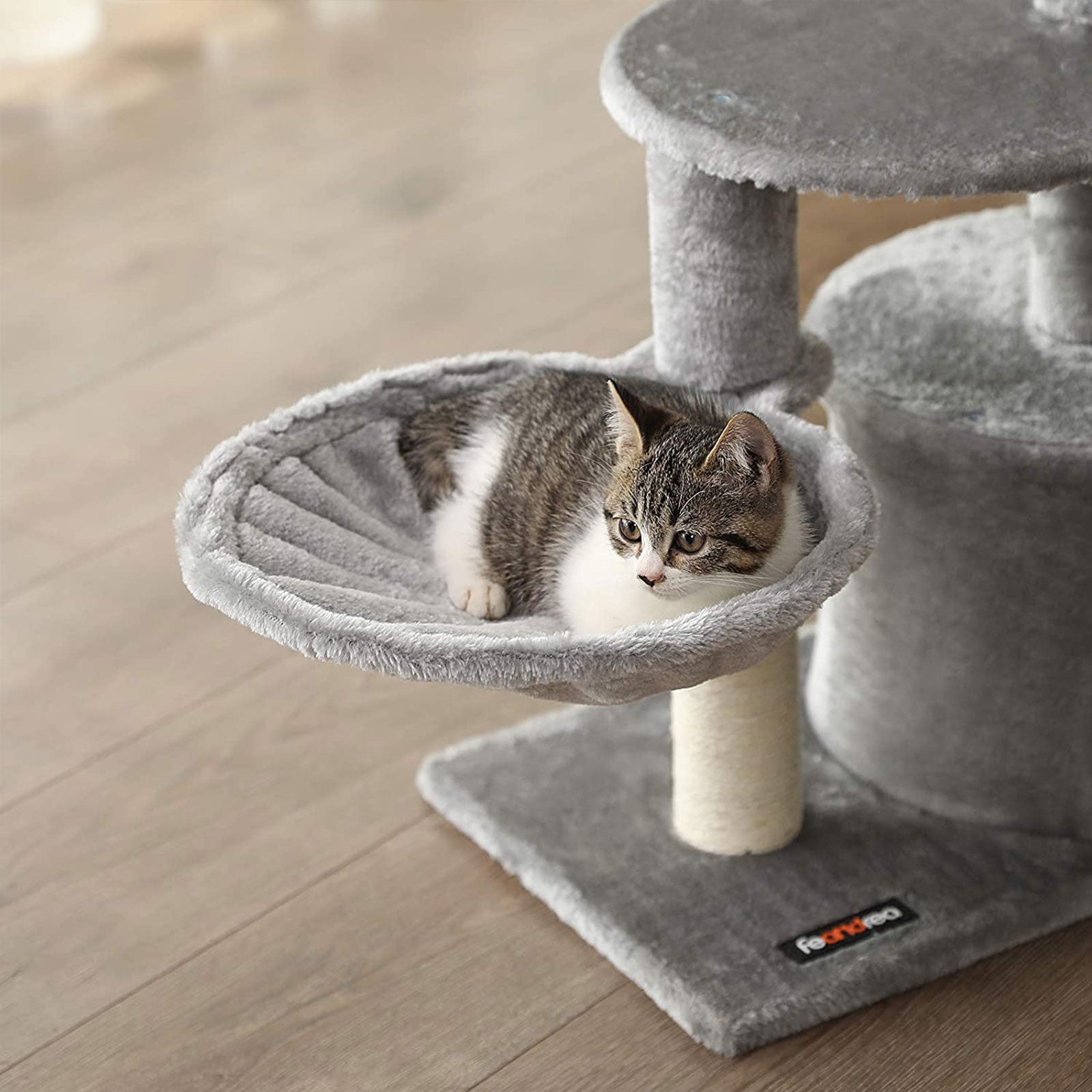 Cat Condo – Wood – Light Grey – Multi-Level with Scratching Post