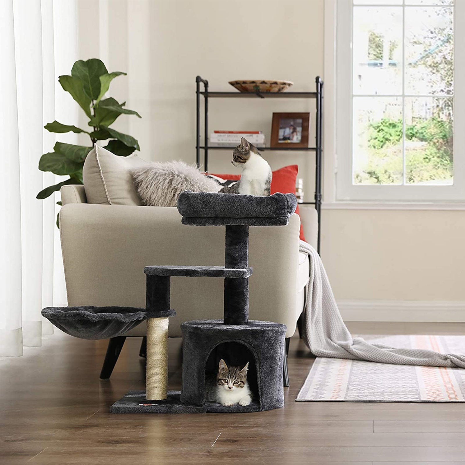 Cat Tree – Engineered Wood – Light Grey – Compact Design with Scratching Post