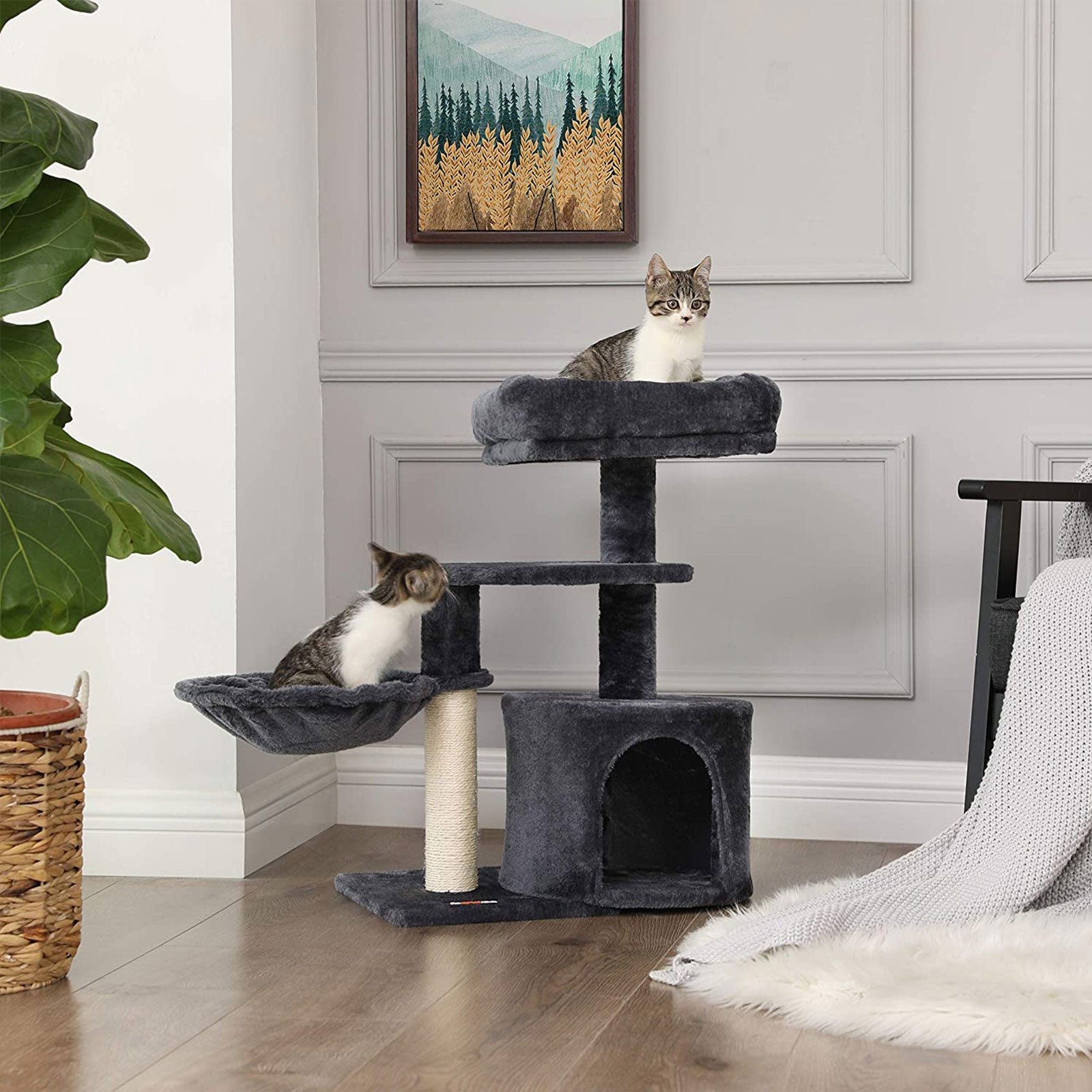 Cat Tree – Engineered Wood – Light Grey – Compact Design with Scratching Post