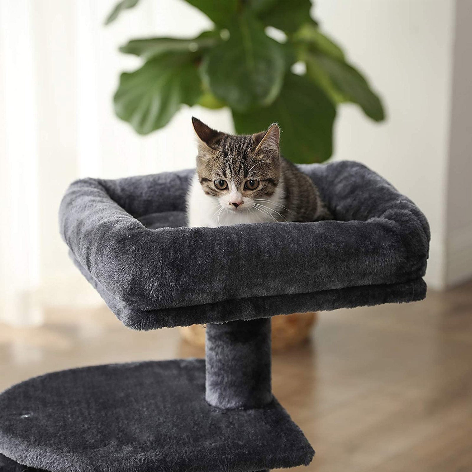 Cat Tree – Engineered Wood – Light Grey – Compact Design with Scratching Post