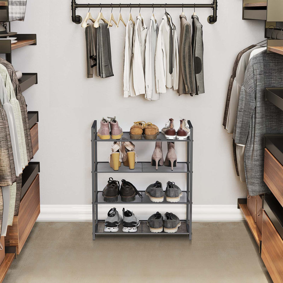 4-Tier Stackable Shoe Rack – Metal – Smoky Gray – Holds 12-16 Pairs of Shoes
