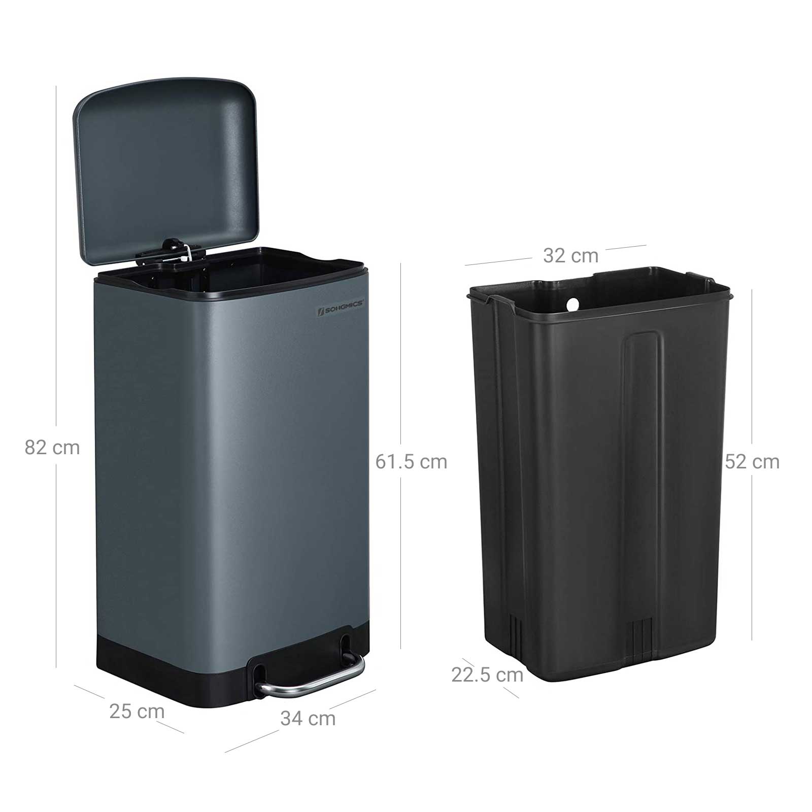 Step Trash Can – Stainless Steel – Grey – 30L Capacity with Soft Close Lid
