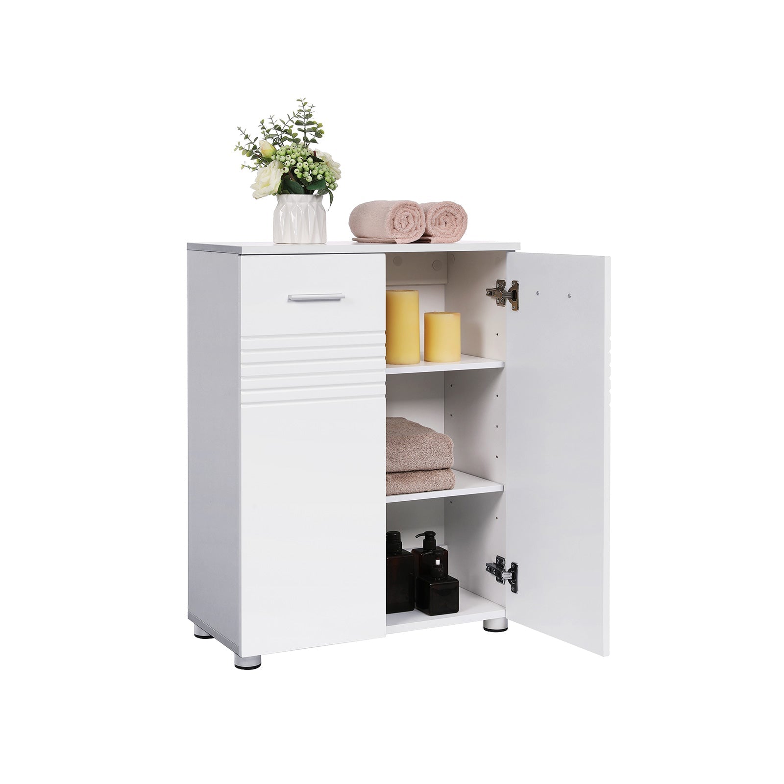 Bathroom Cabinet – Wood – Glossy White – Double Door with Soft Close Hinges, Adjustable Shelves and Feet