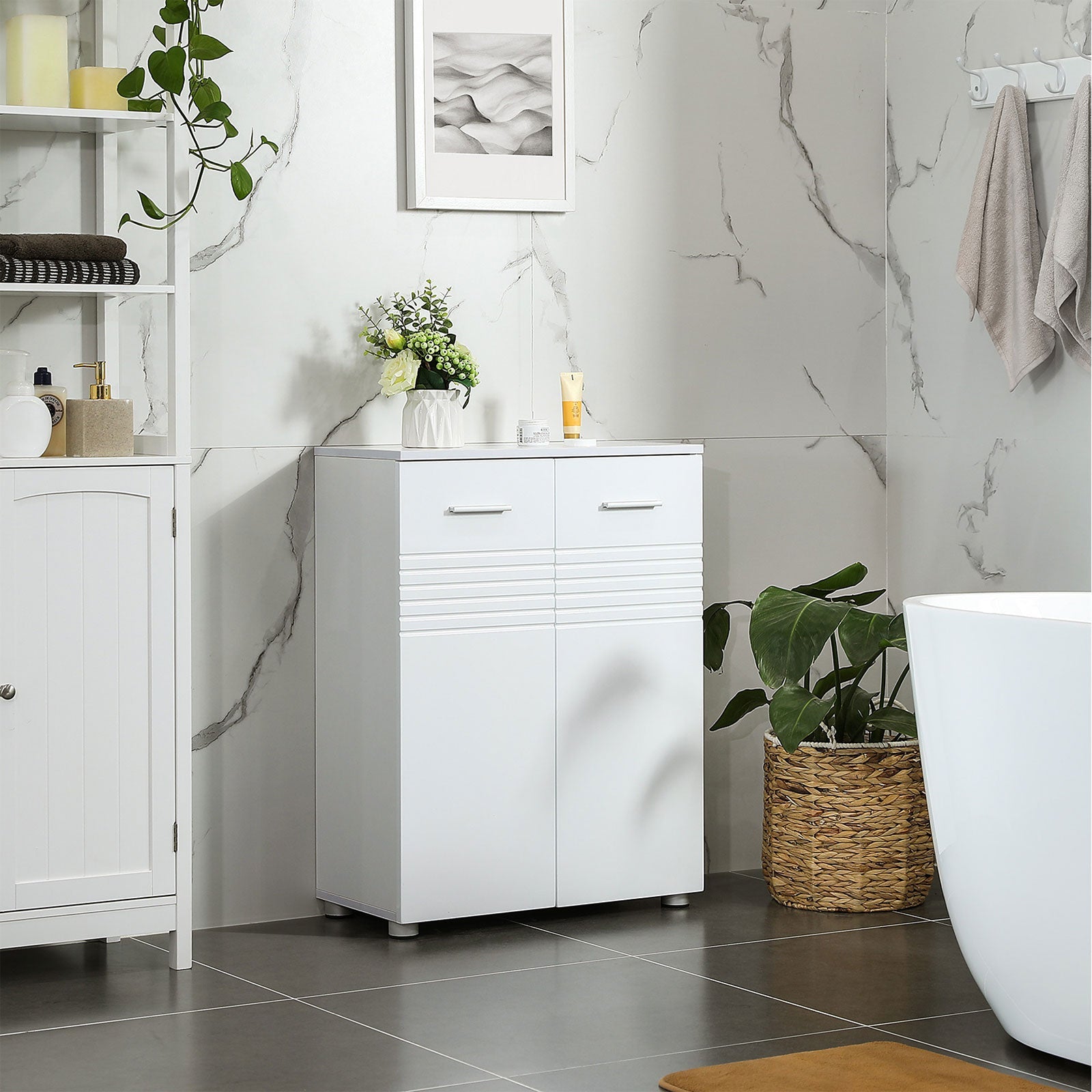 Bathroom Cabinet – Wood – Glossy White – Double Door with Soft Close Hinges, Adjustable Shelves and Feet