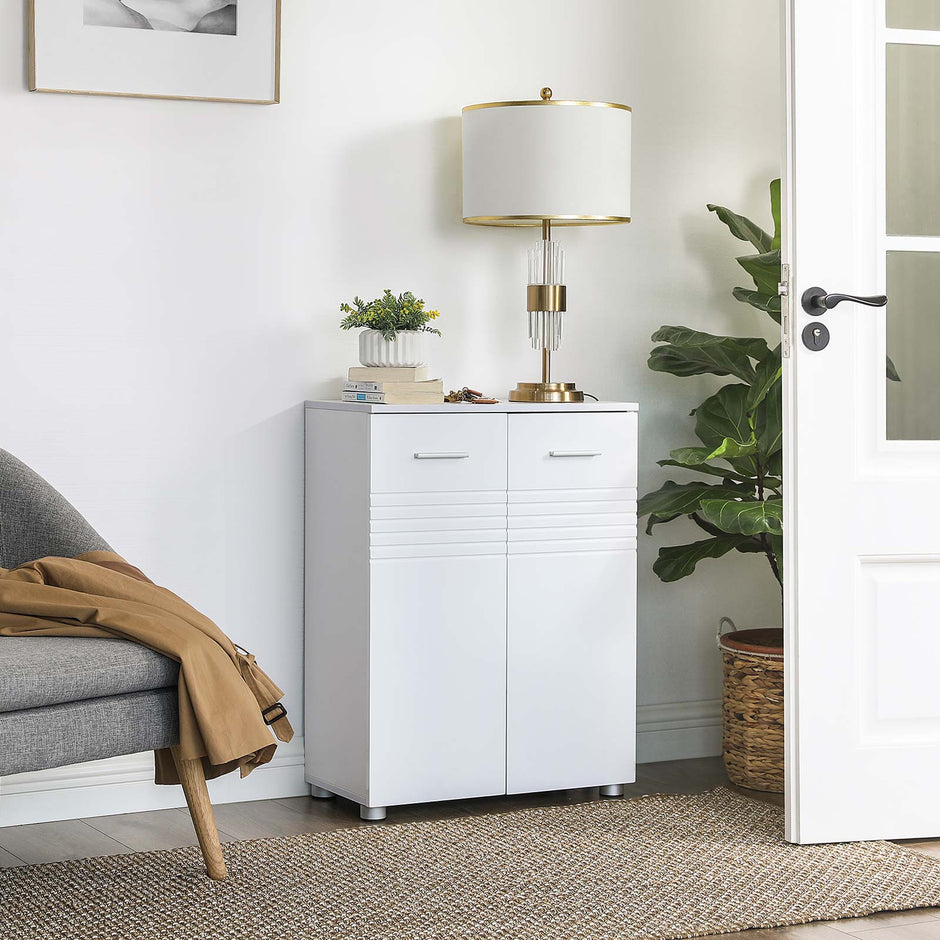 Bathroom Cabinet – Wood – Glossy White – Double Door with Soft Close Hinges, Adjustable Shelves and Feet