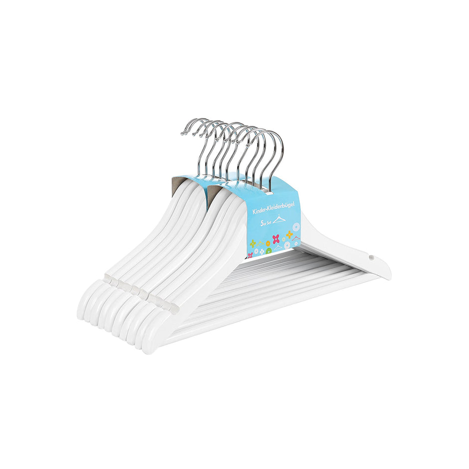 Children's Hangers – Solid Wood – White – 360 Degree Swivel Hooks, Trousers Bar, Shoulder Notches, 10-Pack