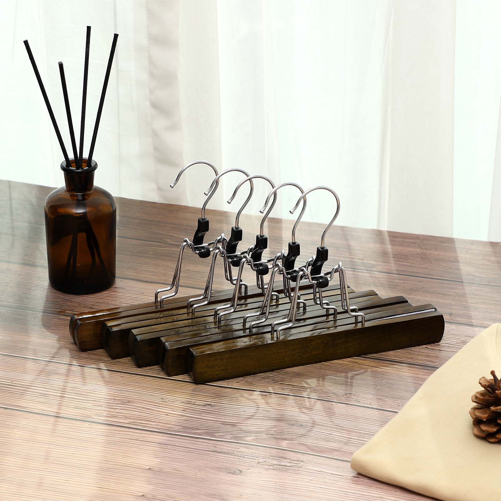 Pants Hangers – Solid Wood – Dark Walnut – Non-Slip with Full-Width Clamp and Lock (Pack of 12)