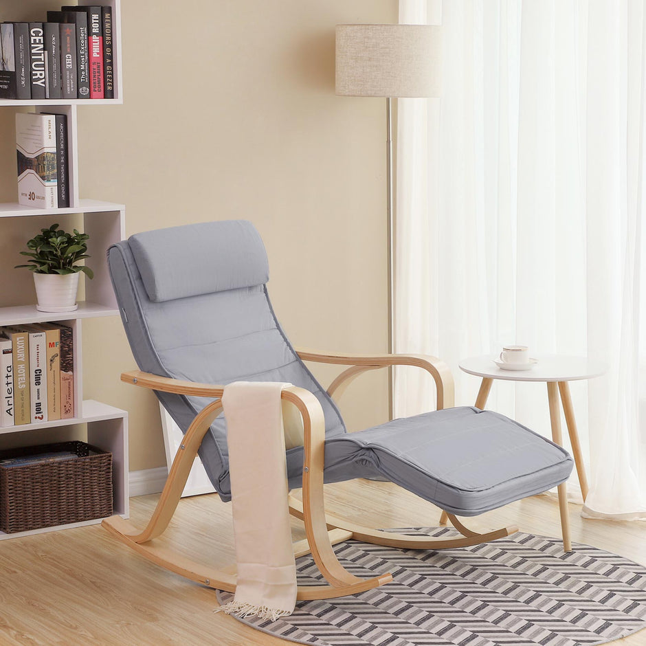 Rocking Chair – Solid Wood – Light Grey – Adjustable Calf Support with 5 Compartments