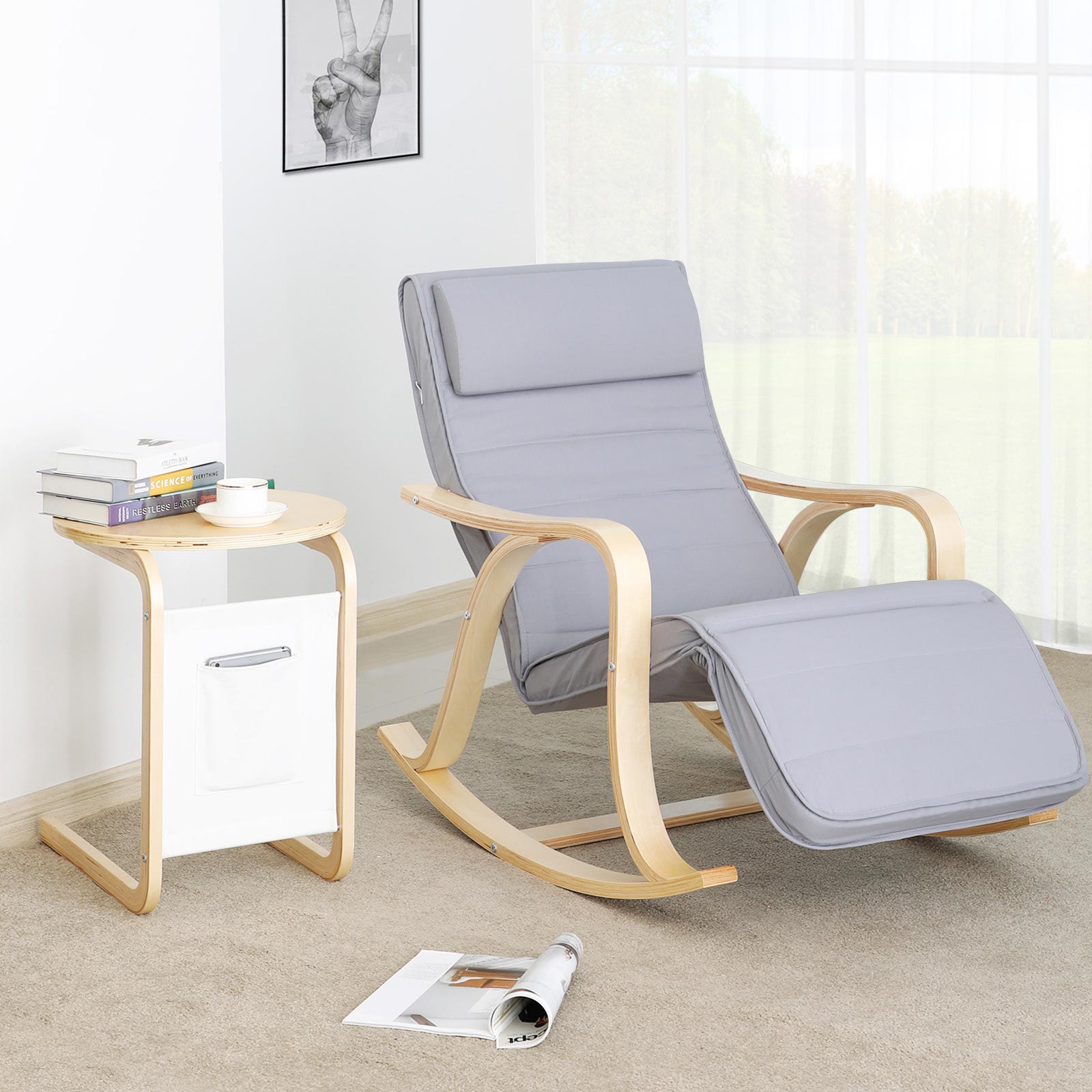 Rocking Chair – Solid Wood – Light Grey – Adjustable Calf Support with 5 Compartments