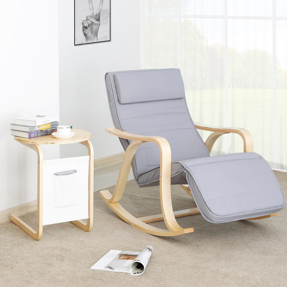 Rocking Chair – Solid Wood – Light Grey – Adjustable Calf Support with 5 Compartments