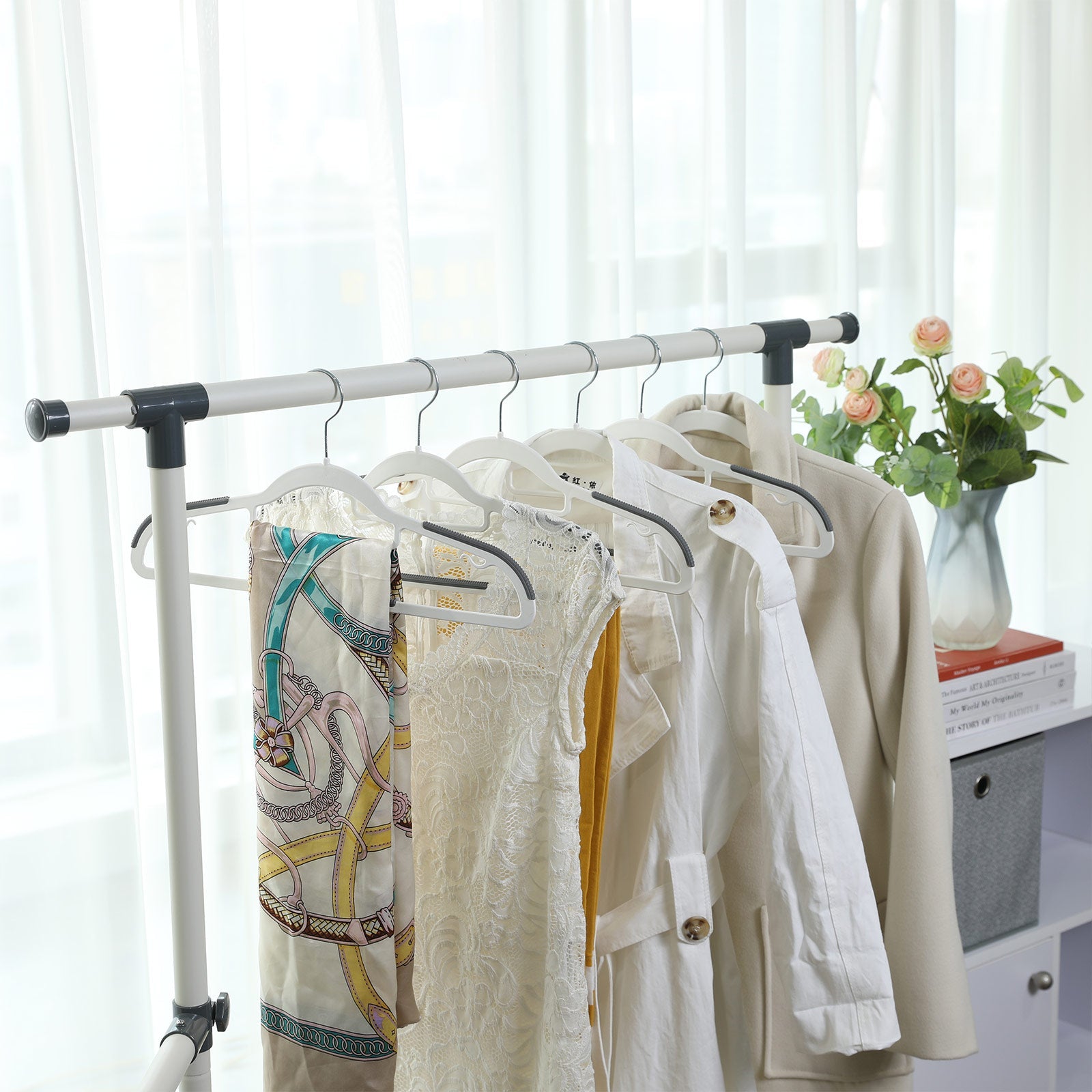 Coat Hangers – Heavy Duty Plastic – Grey – Non-Slip Design, Space-Saving with 360° Swivel Hook