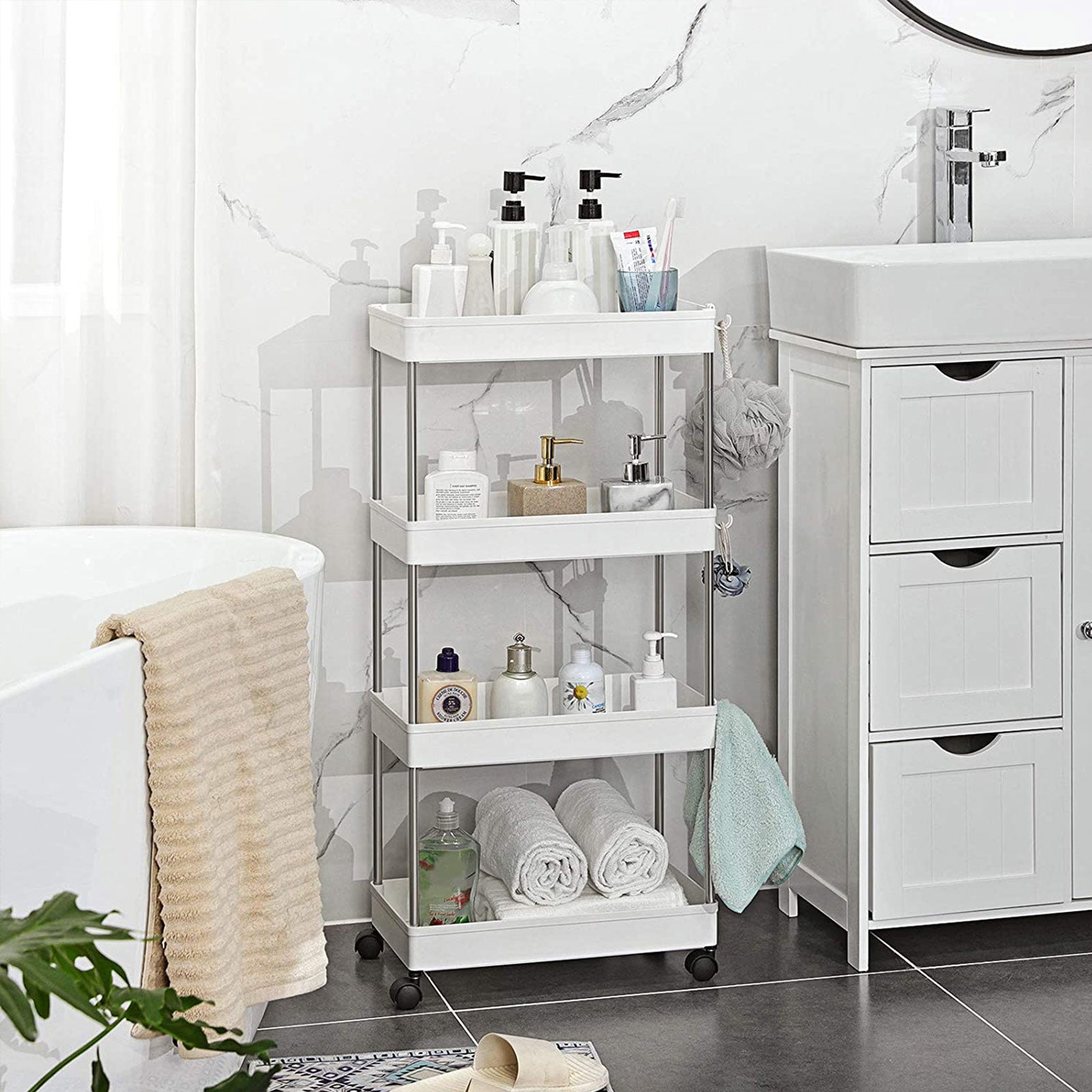Rolling Kitchen Trolley – Wood – White – Space-Saving 4-Tier Design
