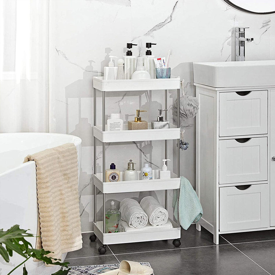 Rolling Kitchen Trolley – Wood – White – Space-Saving 4-Tier Design