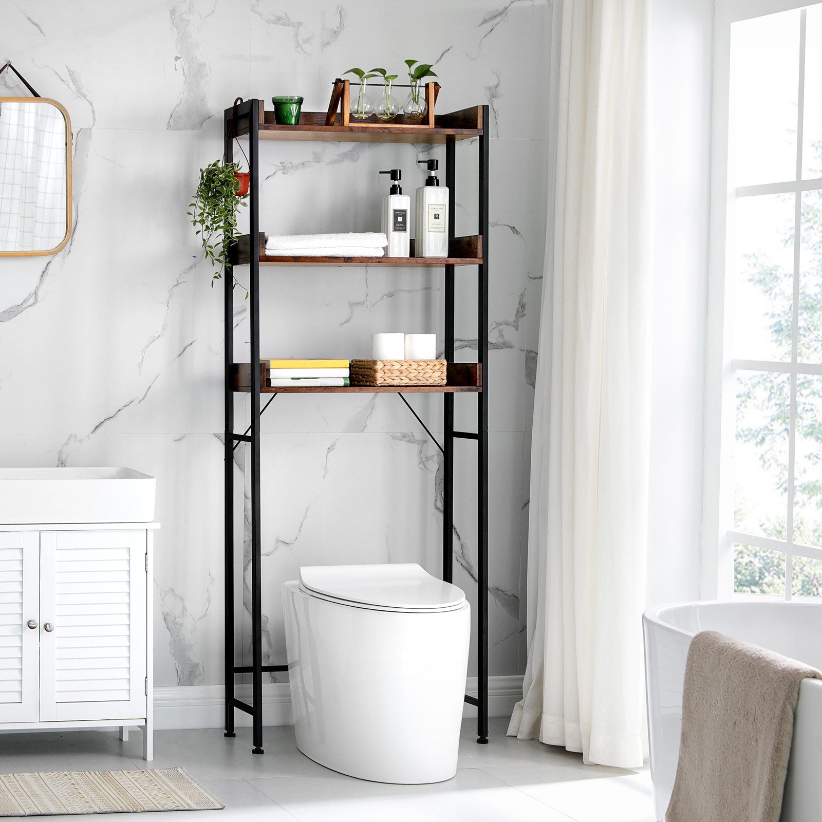3-Tier Over-The-Toilet Rack – Wood and Metal – Rustic Brown and Black – Stable and Space-Saving