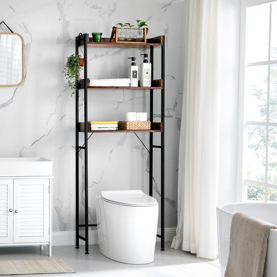 3-Tier Over-The-Toilet Rack – Wood and Metal – Rustic Brown and Black – Stable and Space-Saving