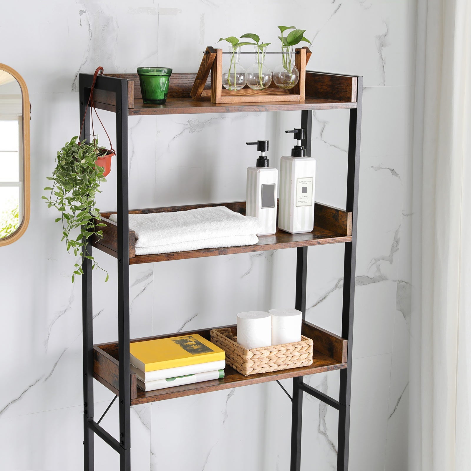 3-Tier Over-The-Toilet Rack – Wood and Metal – Rustic Brown and Black – Stable and Space-Saving