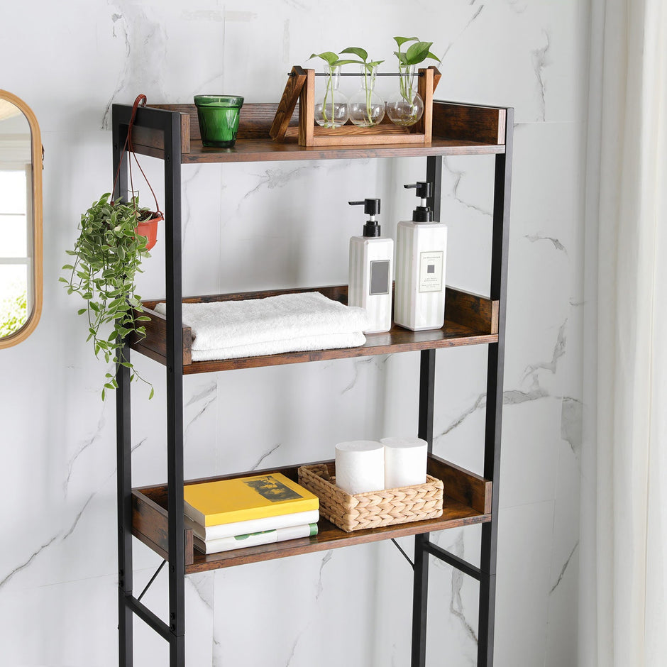 3-Tier Over-The-Toilet Rack – Wood and Metal – Rustic Brown and Black – Stable and Space-Saving