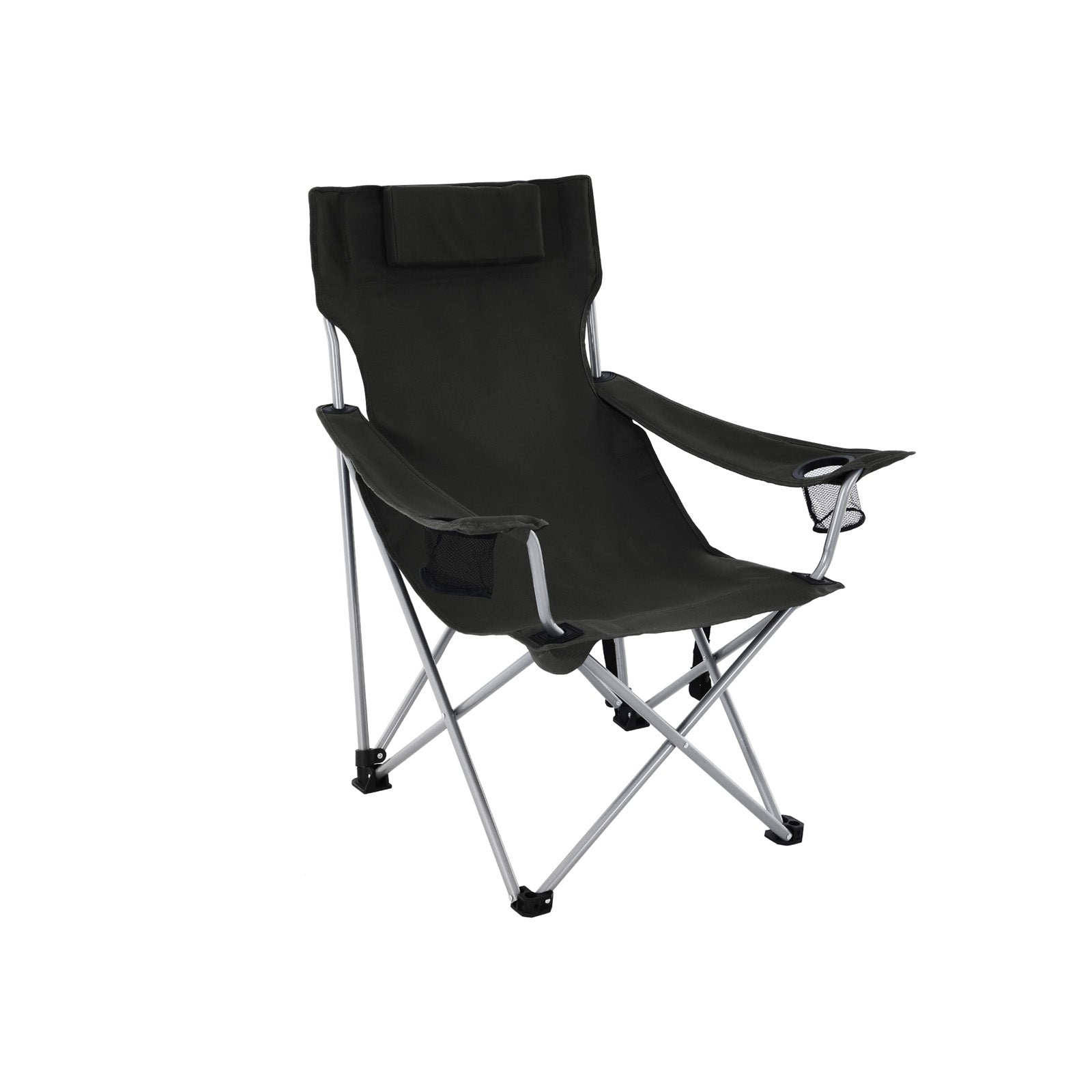 Folding Camping Chair – Steel – Black – Ergonomic with Armrests, Headrest, and Cup Holder