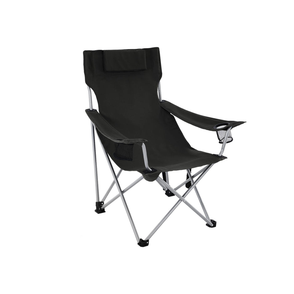 Folding Camping Chair – Steel – Black – Ergonomic with Armrests, Headrest, and Cup Holder