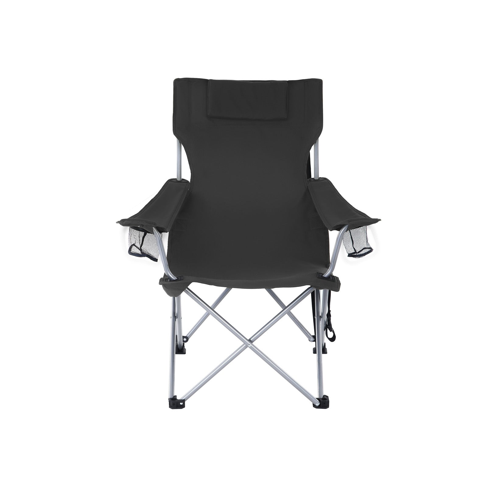 Folding Camping Chair – Steel – Black – Ergonomic with Armrests, Headrest, and Cup Holder