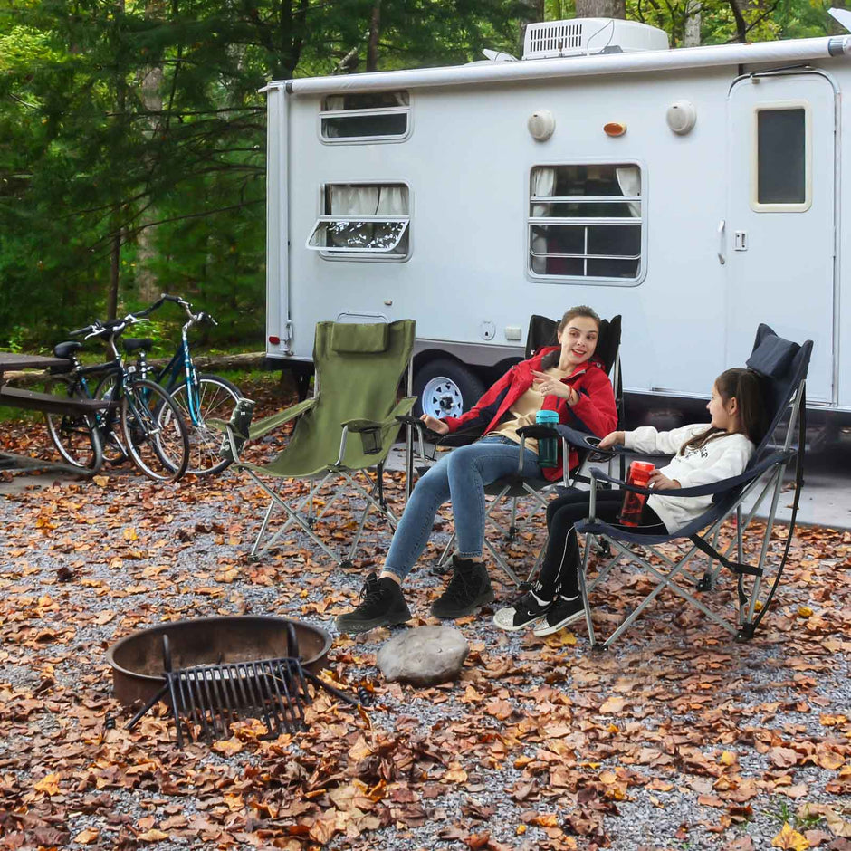 Folding Camping Chair – Steel – Black – Ergonomic with Armrests, Headrest, and Cup Holder