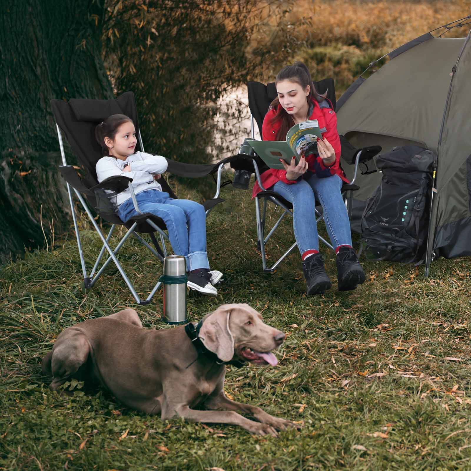 Folding Camping Chair – Steel – Black – Ergonomic with Armrests, Headrest, and Cup Holder