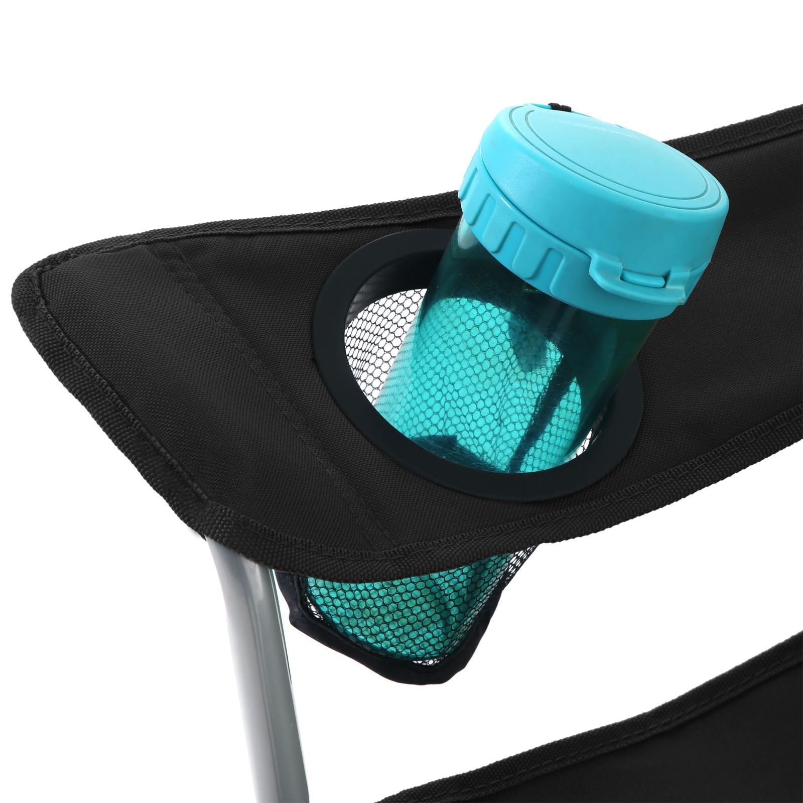 Folding Camping Chair – Steel – Black – Ergonomic with Armrests, Headrest, and Cup Holder