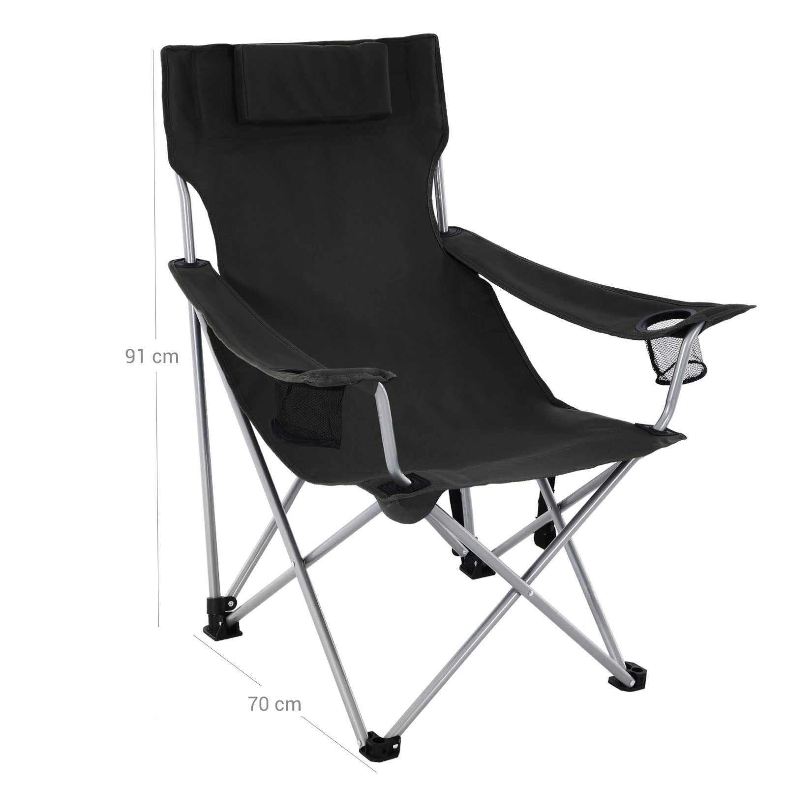 Folding Camping Chair – Steel – Black – Ergonomic with Armrests, Headrest, and Cup Holder