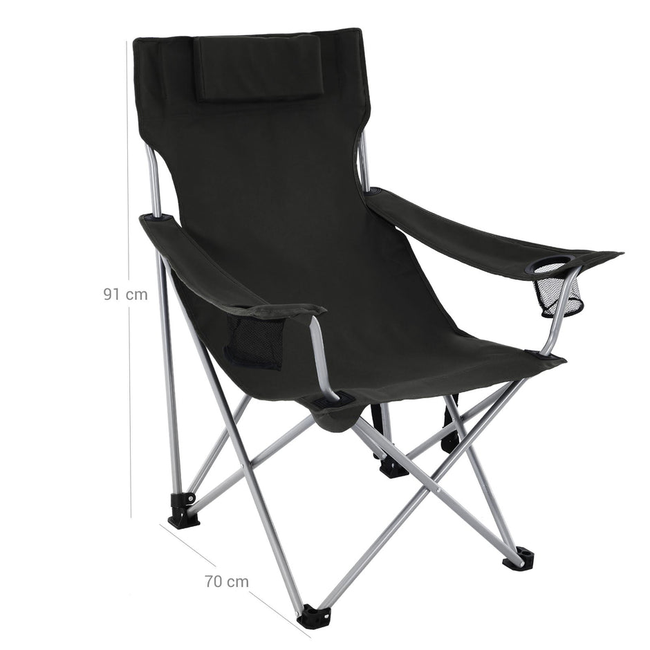 Folding Camping Chair – Steel – Black – Ergonomic with Armrests, Headrest, and Cup Holder