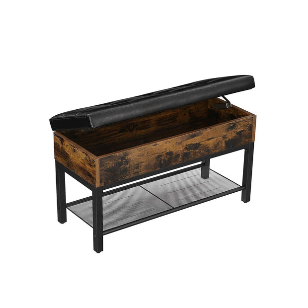 Storage Bench – Synthetic Leather and Steel – Rustic Brown and Black – Padded with Shelf