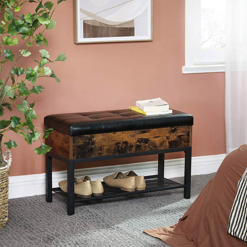 Storage Bench – Synthetic Leather and Steel – Rustic Brown and Black – Padded with Shelf