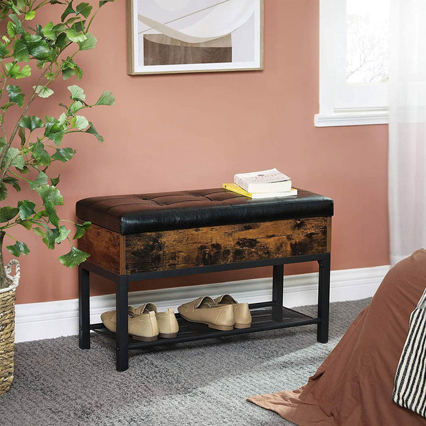 Storage Bench – Synthetic Leather and Steel – Rustic Brown and Black – Padded with Shelf