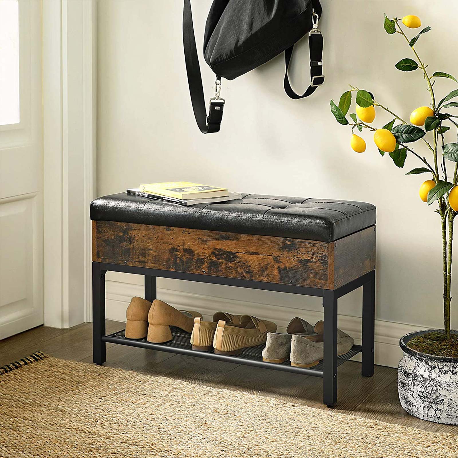 Storage Bench – Synthetic Leather and Steel – Rustic Brown and Black – Padded with Shelf