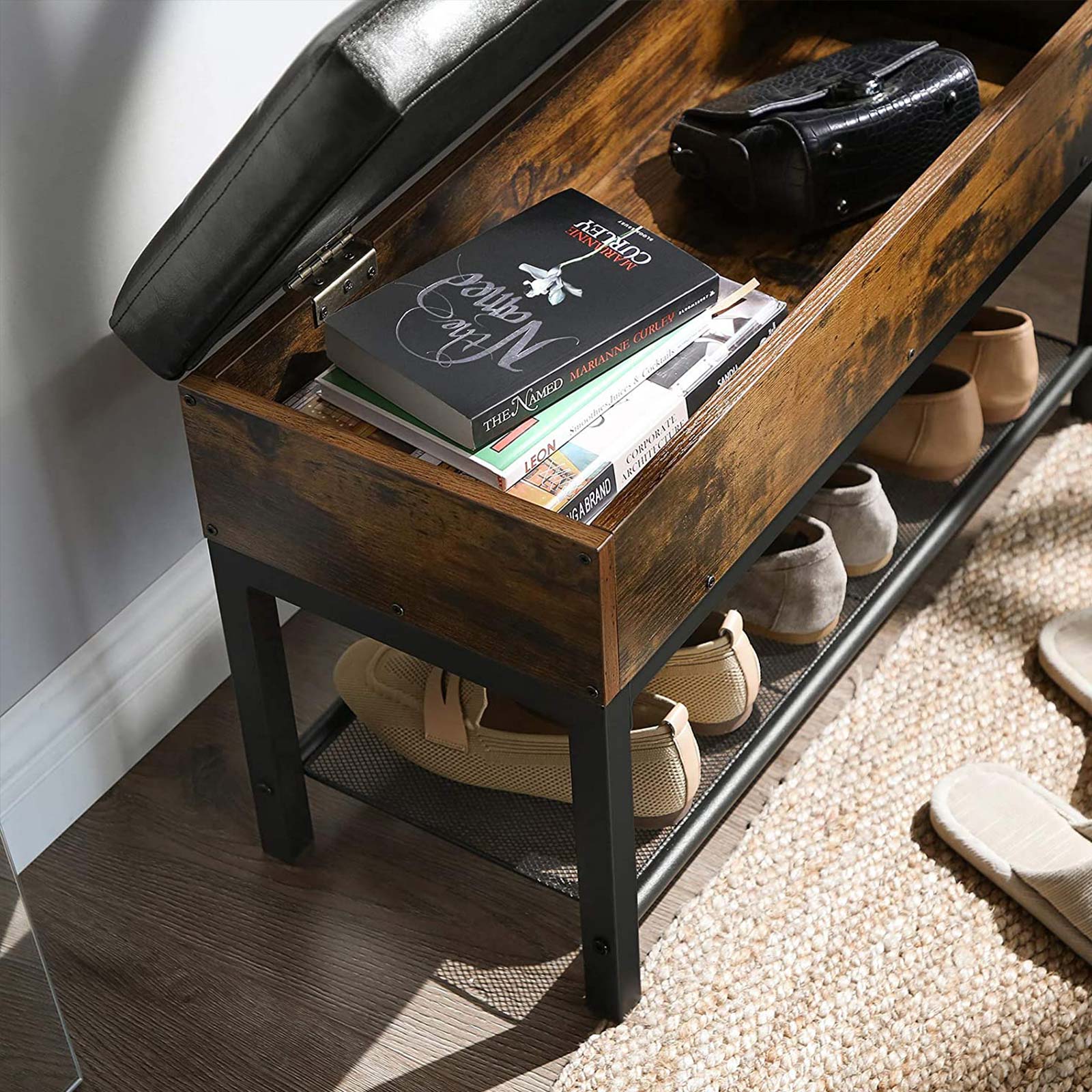 Storage Bench – Synthetic Leather and Steel – Rustic Brown and Black – Padded with Shelf