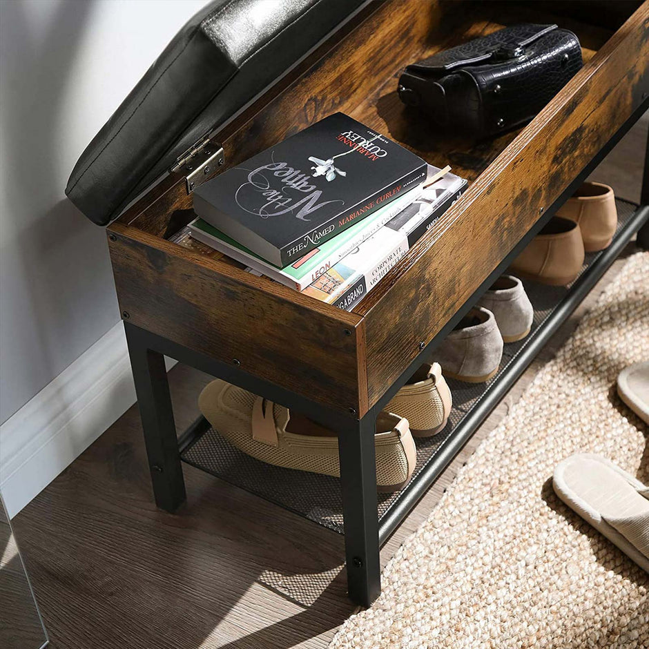 Storage Bench – Synthetic Leather and Steel – Rustic Brown and Black – Padded with Shelf
