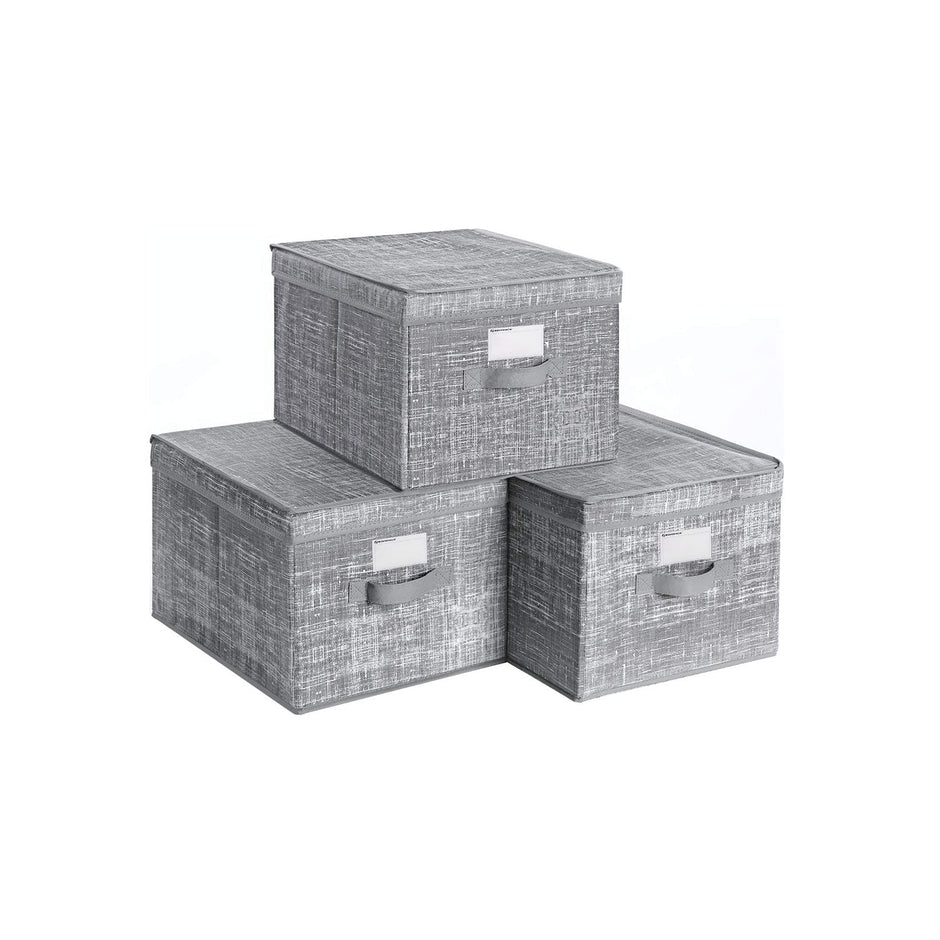 Storage Boxes – Fabric – Grey – Set of 3 with Lids and Clear Front Window