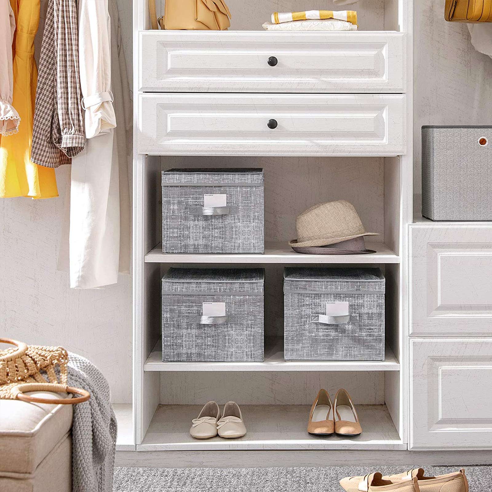 Storage Boxes – Fabric – Grey – Set of 3 with Lids and Clear Front Window