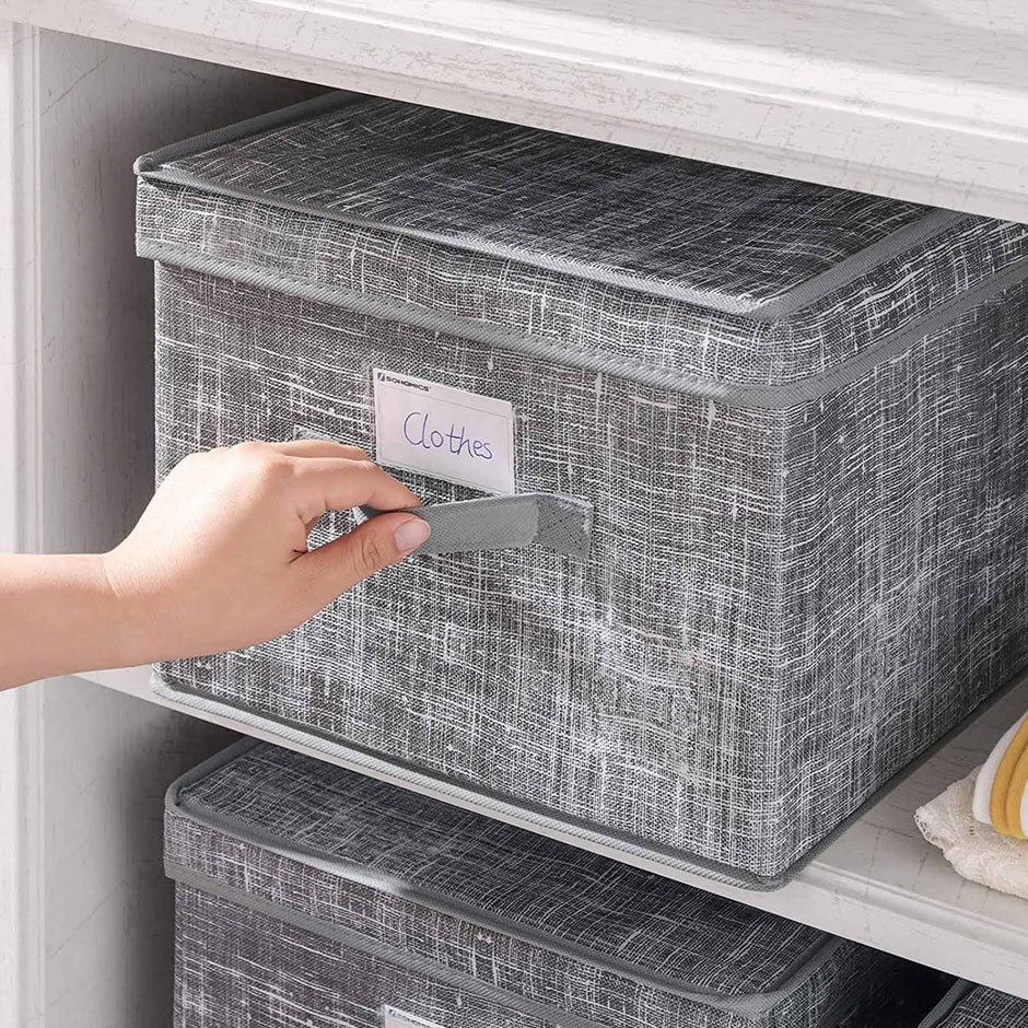 Storage Boxes – Fabric – Grey – Set of 3 with Lids and Clear Front Window