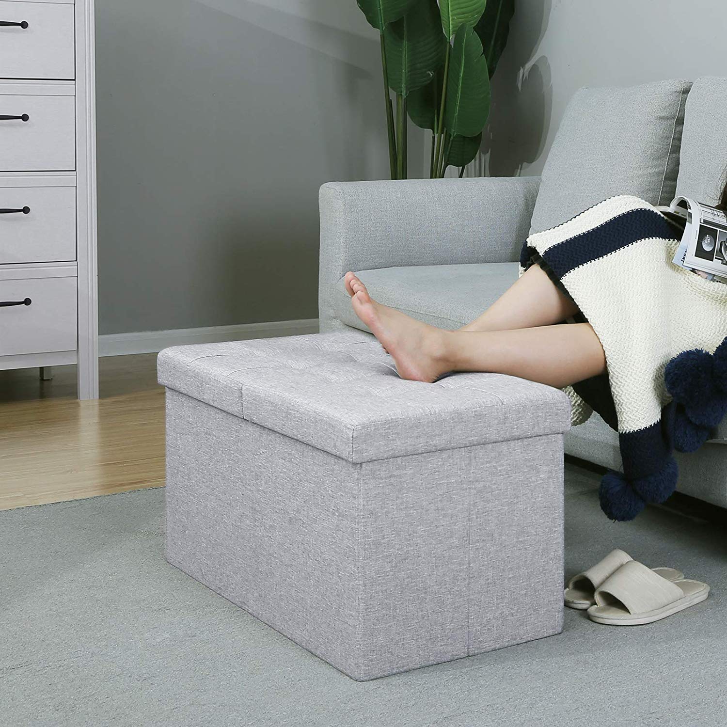 Storage Ottoman – Fabric – Grey – Foldable with Flipping Lid, Max Load Capacity 300 kg