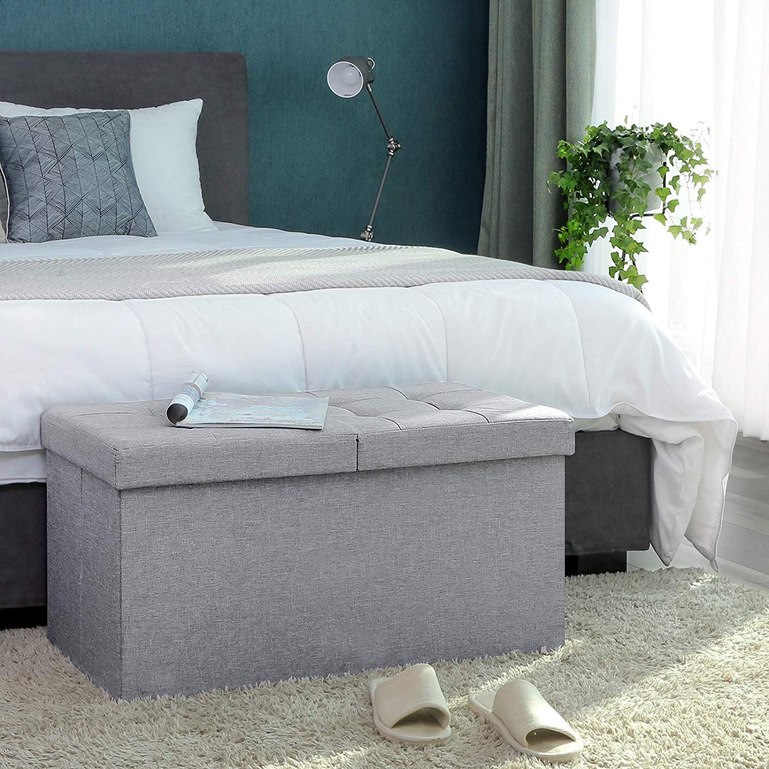 Foldable Storage Ottoman Bench – Fabric – Grey – 300 kg Load Capacity with Flip Lid