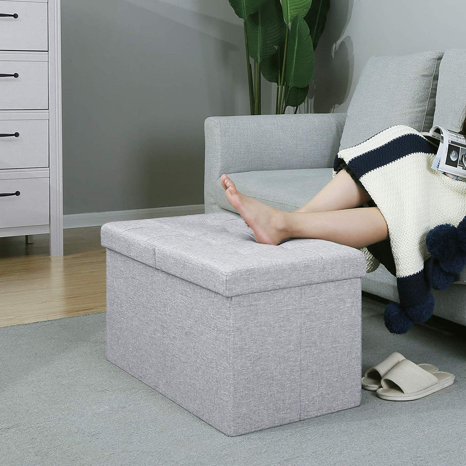 Foldable Storage Ottoman Bench – Fabric – Grey – 300 kg Load Capacity with Flip Lid