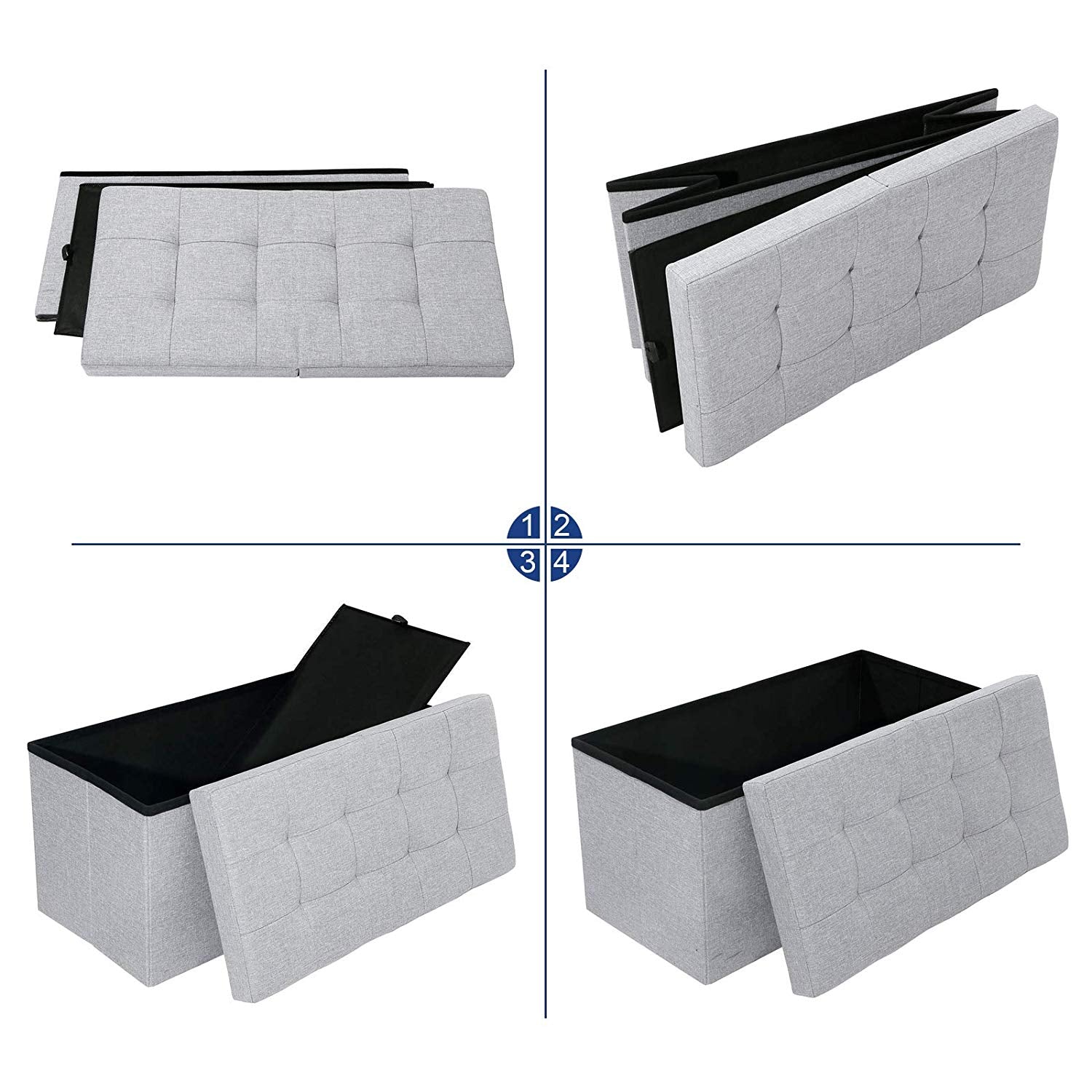 Foldable Storage Ottoman Bench – Fabric – Grey – 300 kg Load Capacity with Flip Lid