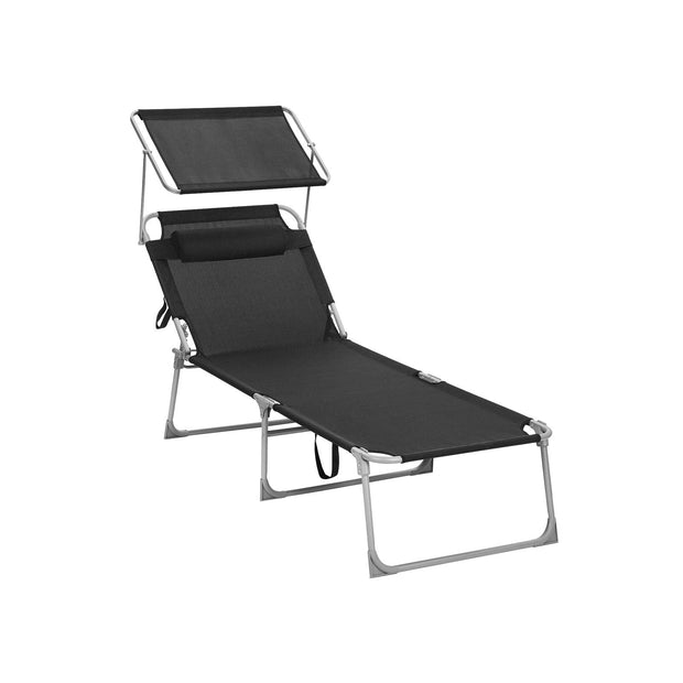 Sun Lounger – Fabric – Gray – Adjustable Headrest and Sunshade, 250 kg Load Capacity