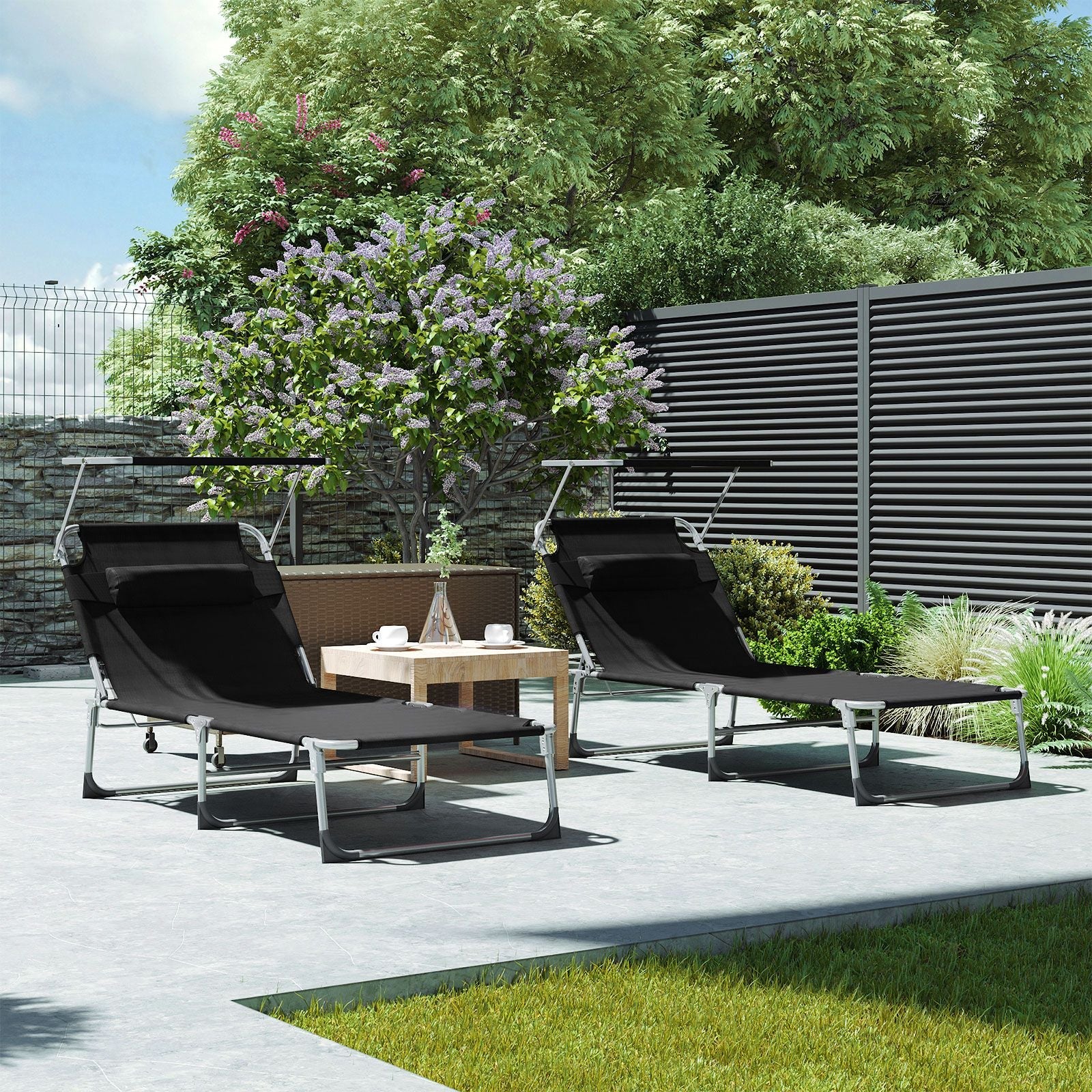 Sun Lounger – Fabric – Gray – Adjustable Headrest and Sunshade, 250 kg Load Capacity
