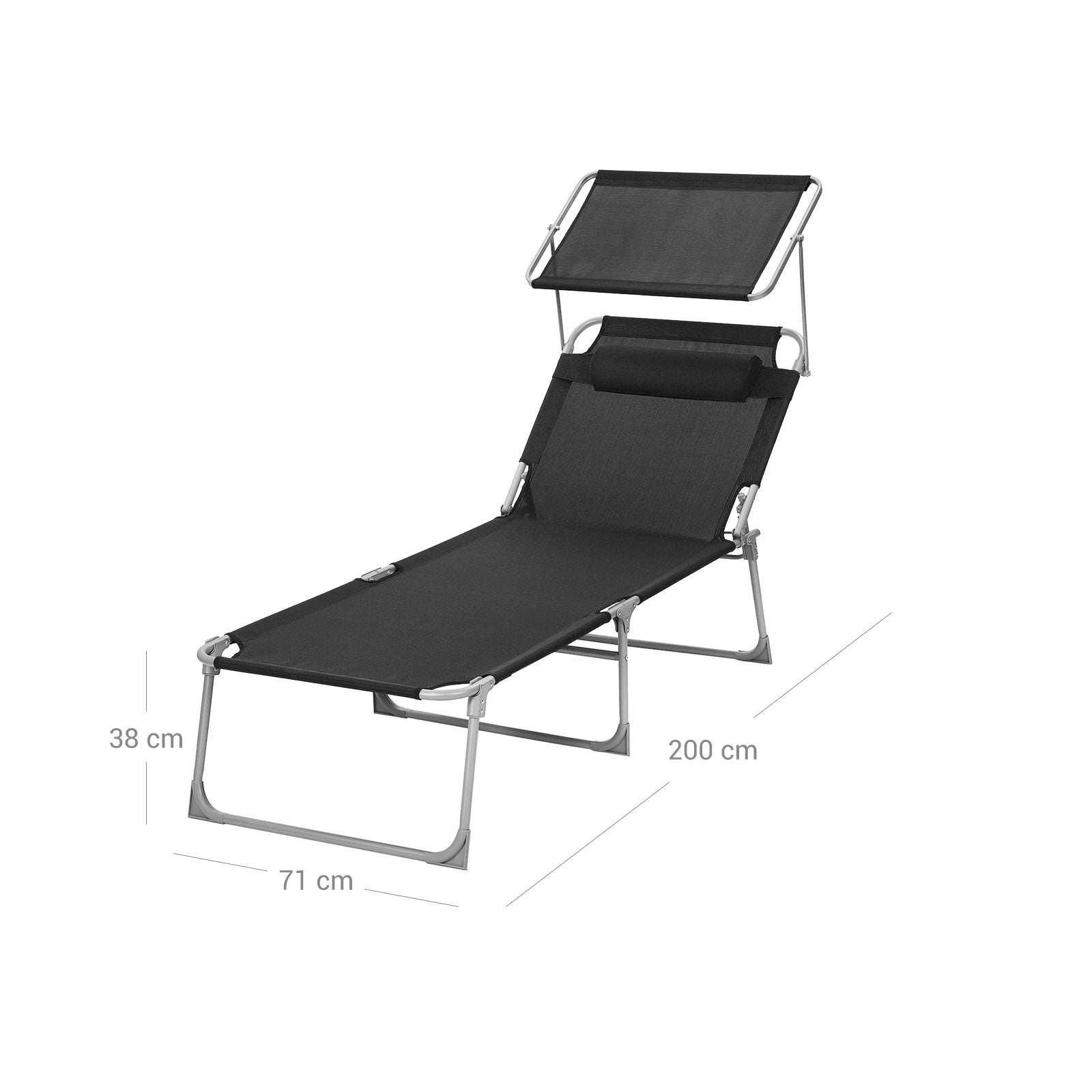 Sun Lounger – Fabric – Gray – Adjustable Headrest and Sunshade, 250 kg Load Capacity