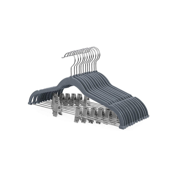 Velvet Swivel Trouser Hangers – Grey – 12 Piece Set with Non-Slip Bar and Clips for Space Saving Storage