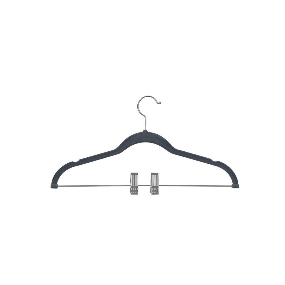 Velvet Swivel Trouser Hangers – Grey – 12 Piece Set with Non-Slip Bar and Clips for Space Saving Storage