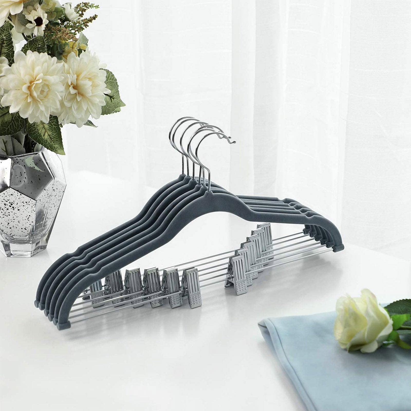 Velvet Swivel Trouser Hangers – Grey – 12 Piece Set with Non-Slip Bar and Clips for Space Saving Storage