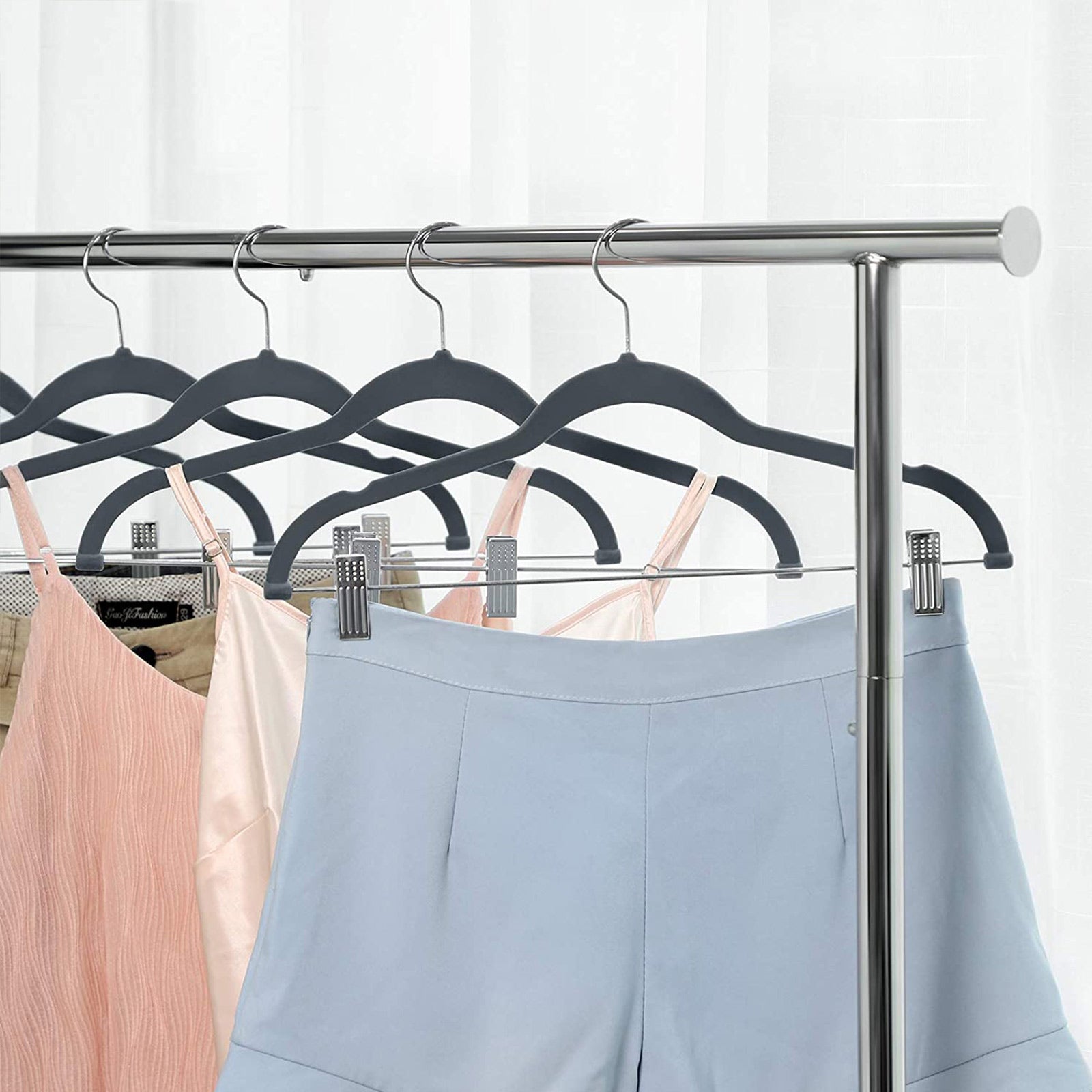 Velvet Swivel Trouser Hangers – Grey – 12 Piece Set with Non-Slip Bar and Clips for Space Saving Storage